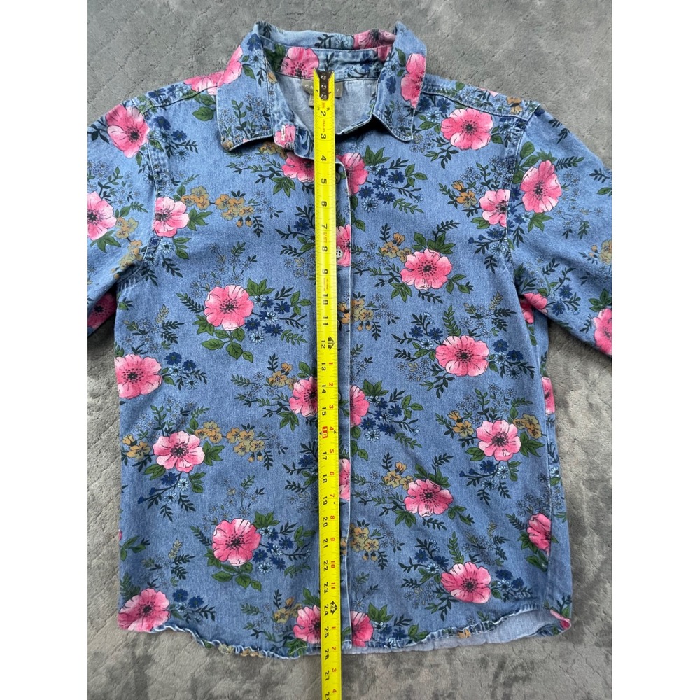 Vintage 90s CAPACITY Women M Denim Floral Shirt Blue Pink Button Up Long Sleeve - Picture 4 of 13